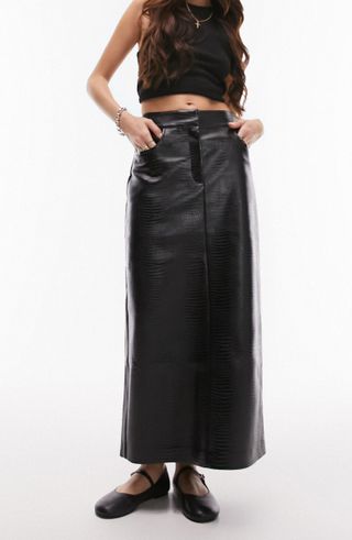 Topshop + Croc Embossed Faux Leather Midi Skirt