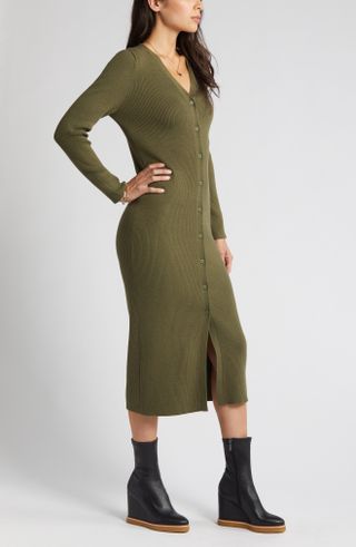 Caslon + Long Sleeve Button-Up Rib Sweater Dress
