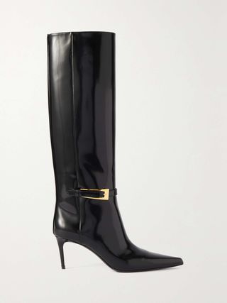 Saint Laurent + Lee Buckled Glossed-Leather Knee Boots