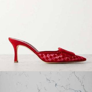 Manolo Blahnik + Maysalebi 70 Buckled Checked Suede and Mesh Mules