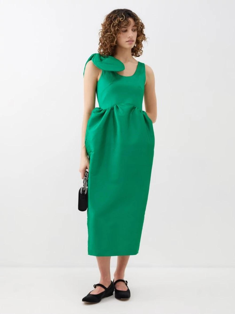 Kika Vargas + Green Anne Bow-Shoulder Taffeta Midi Dress Main