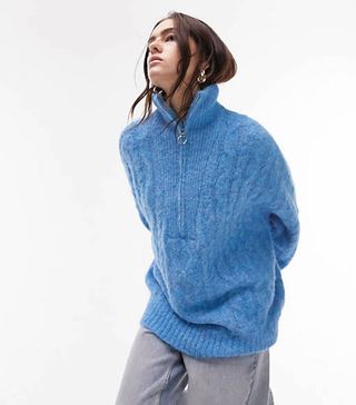 Topshop + Knitted Fluffy Cable Zip Front Sweater