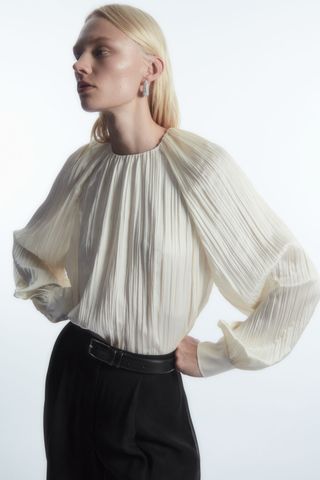 COS + Plissé Long-Sleeved Blouse in Ivory