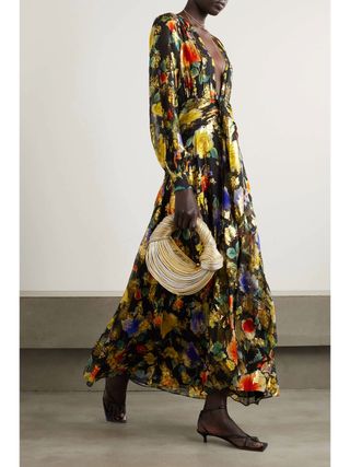 Rixo + Meera Gathered Floral-Print Metallic Fil Coupé Silk-Blend Maxi Dress