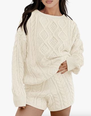 Anrabess + 2 Piece Outfits Long Sleeve Cable Knit Chunky Oversized Pullover Sweater