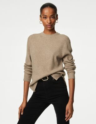 Autograph + Merino Wool With Cashmere Ribbed Jumper in Cappuccino
