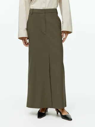 Arket + Long Wool-Blend Skirt in Khaki Green