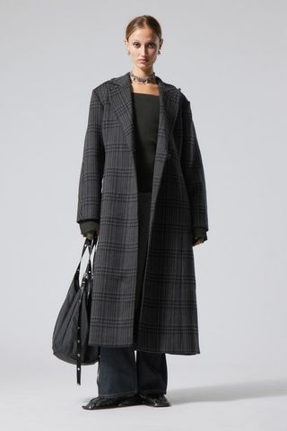 Weekday + Delia Waisted Wool Blend Coat in Dark Grey Check