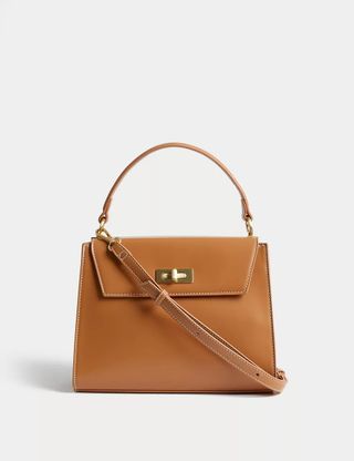 M&S Collection + Faux Leather Top Handle Tote Bag in Latte