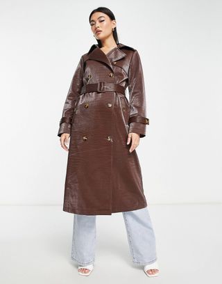 Something New + x Emilia Silberg Leather Look Croc Trench Coat in Brown