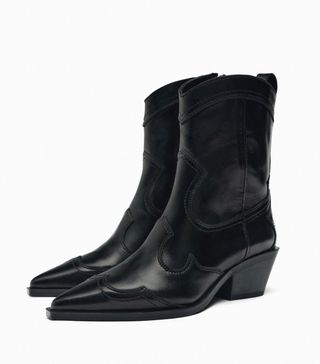 Zara + Heeled Cowboy Ankle Boots With Pieces