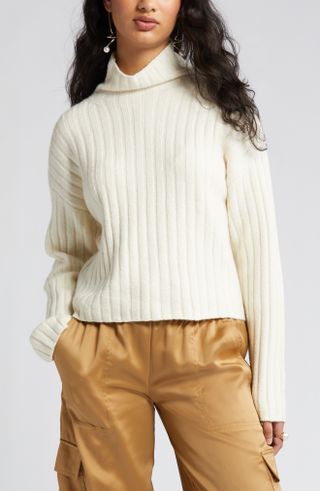 Open Edit + Women's Cotton Blend Rib Funnel Neck Sweater