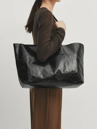 Massimo Dutti + Leather Tote Bag With A Crackled Finish