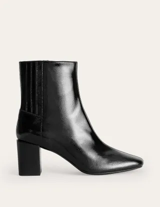 Boden + Block-Heel Leather Ankle Boots in Black Patent