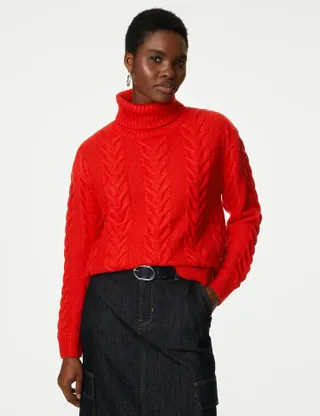 M&S Collection + Recycled Blend Cable Knit Roll Neck Jumper in Poppy