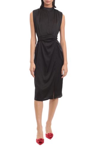Donna Morgan for Maggy + Gathered Sleeveless Satin Cocktail Dress
