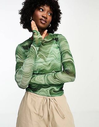 Monki + Long Sleeve Mesh Top in Green Swirl Print