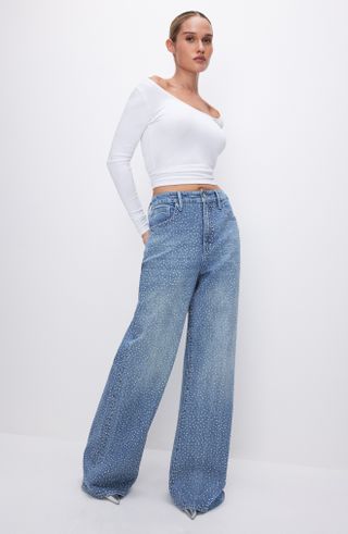Good American + Good Ease Crystal Embellished Wide Leg Jeans