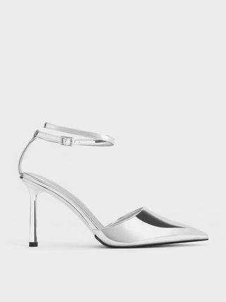 Charles & Keith + Metallic Patent Pointed-Toe Ankle-Strap Pumps