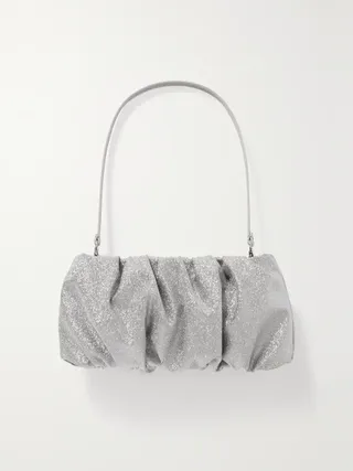 Staud + Bean Gathered Glittered Leather Shoulder Bag in Silver