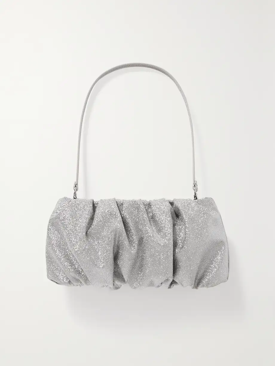 Staud + Bean Gathered Glittered Leather Shoulder Bag in Silver