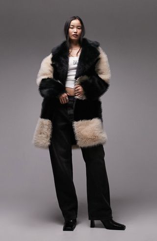 Topshop + Colorblock Stripe Faux Fur Coat