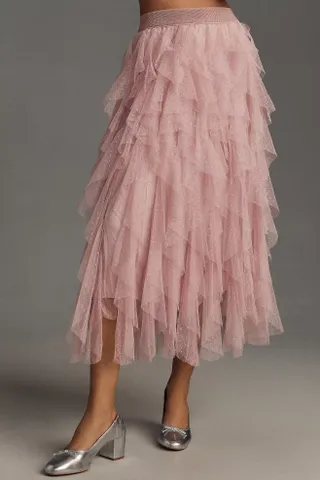 Anthropologie + The Chéri Ruffled Tulle Midi Skirt