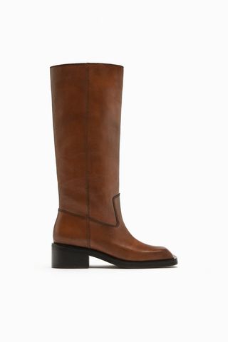 Zara + Leather Flat Knee-High Boots With Square Toe