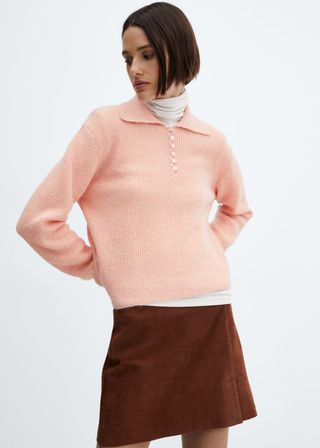 Mango + Knitted Polo Neck Sweater in Pastel Pink