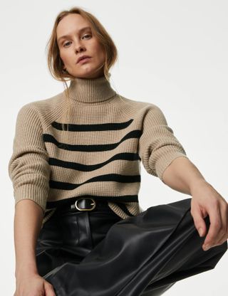M&S Collection + Soft Touch Striped Roll Neck Jumper