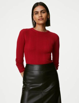M&S Collection + Ribbed Crew Neck Fitted Knitted Top