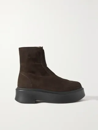 The Row + Suede Platform Ankle Boots in Brown