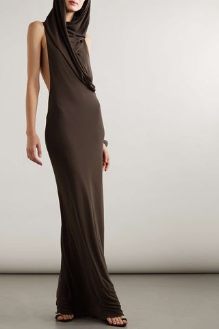 Saint Laurent + Hooded Asymmetric Cutout Draped Knitted Maxi Dress