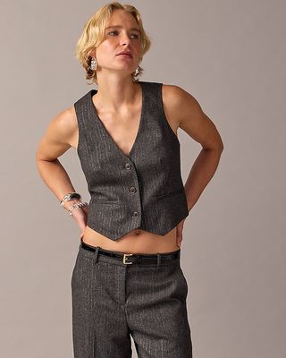 J.Crew Collection + Cropped Vest in Italian Pinstripe Wool Blend With Lurex Metallic Threads