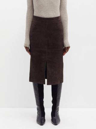 Toteme + High-Rise Suede Midi Skirt