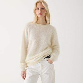 J.Crew + Brushed Cashmere Relaxed Crewneck Sweater in Warm Ivory