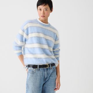 J.Crew + Brushed Cashmere Relaxed Crewneck Sweater in Chambray Ivory Grey