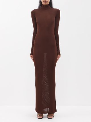 Saint Laurent + High-Neck Fine-Knit Maxi Dress