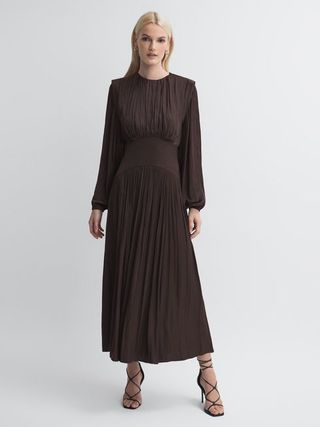 Reiss + Florere Pleated Midi Dress in Chocolate