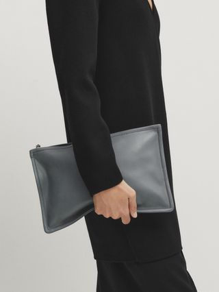 Massimo Dutti + Nappa Leather Clutch with Knot Detail in Grey Blue