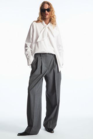 COS + Wide-Leg Tailored Wool Trousers in Grey Mélange