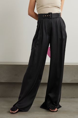 Zimmermann + Belted Pleated Silk-Satin Wide-Leg Pants