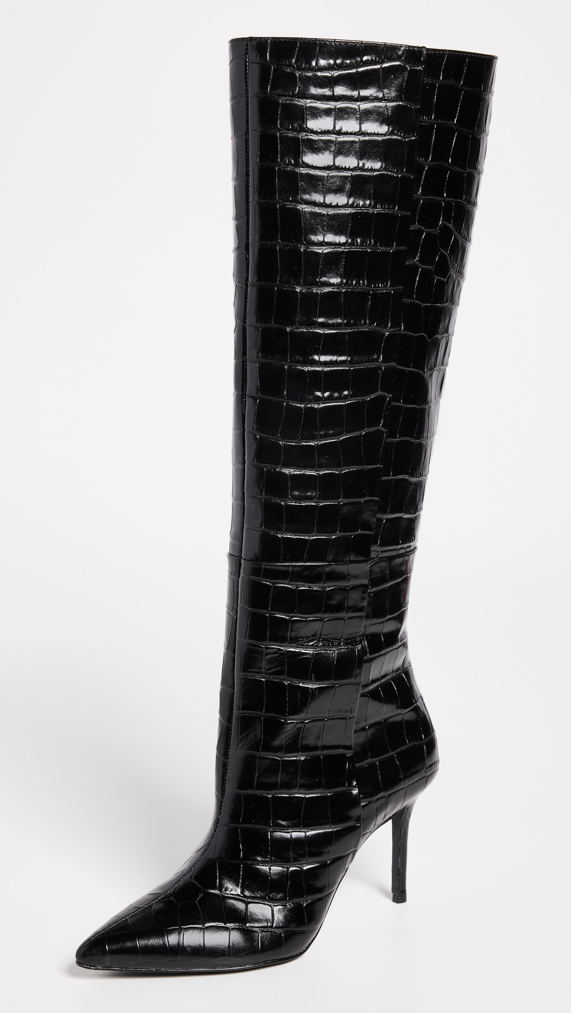 Black Suede Studio + Tory Knee High Pointy Toe Mid Heel Boots