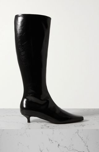 Toteme + Slim Crinkled Patent-Leather Knee Boots