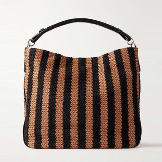 Staud + Perry Leather-Trimmed Striped Woven Raffia Tote