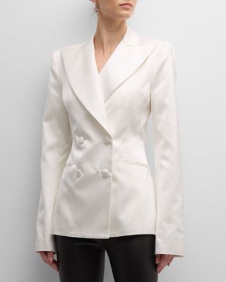 LaQuan Smith + Double-Breasted Satin Suiting Jacket