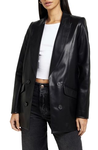 River Island + Double Breasted Faux Leather Blazer
