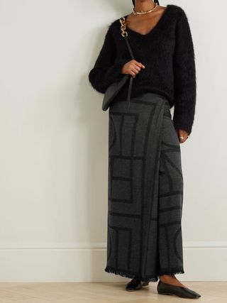 Toteme + Frayed Printed Wool-Twill Maxi Wrap Skirt