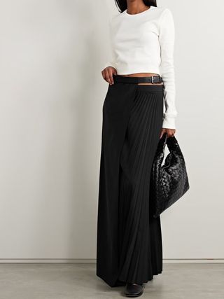 Tibi + Belted Pleated Woven Maxi Wrap Skirt