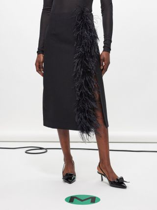 Prada + Feather-Trim Virgin-Wool Midi Skirt